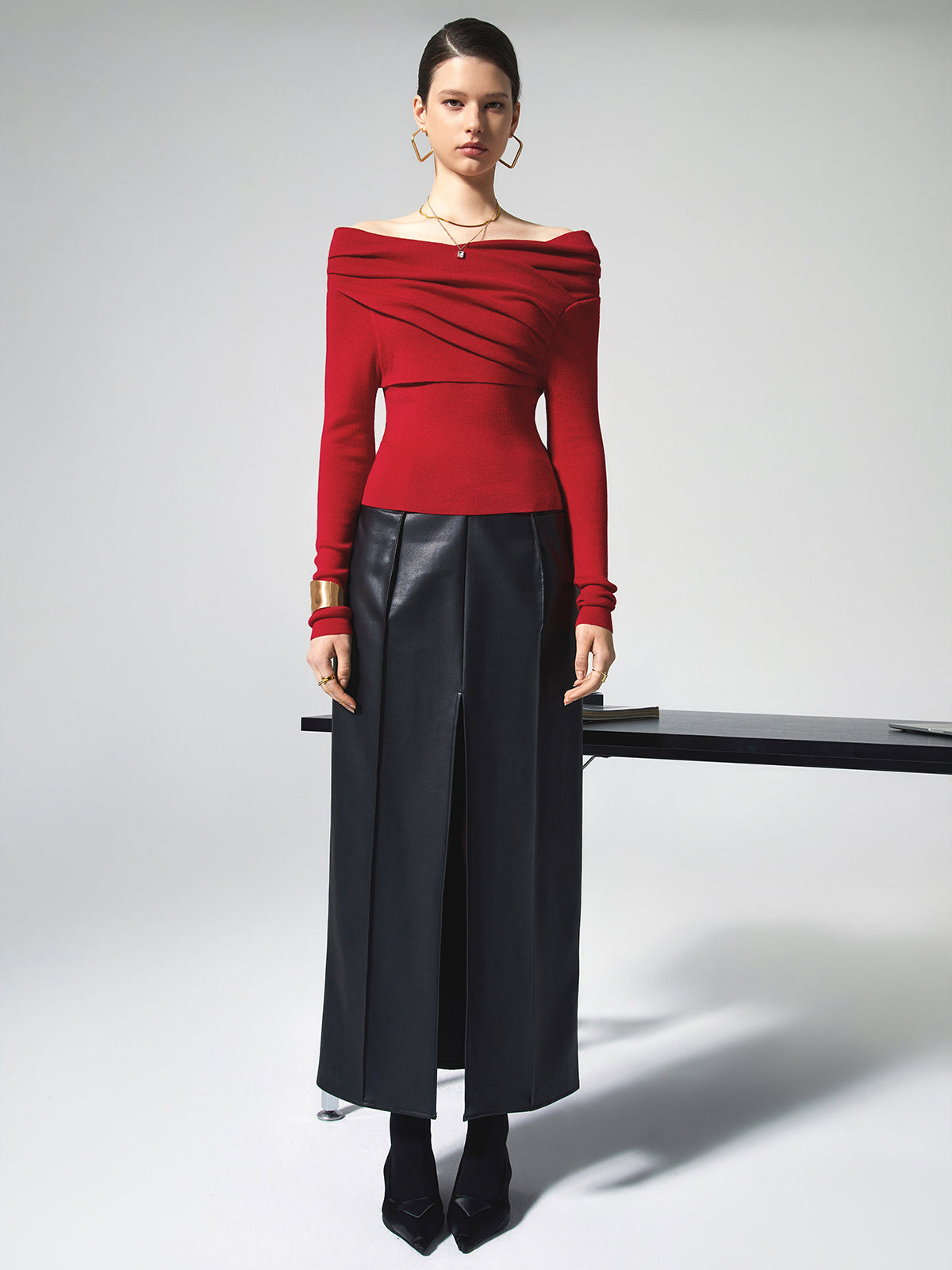 Open Shoulder Wrapped Long Sleeve Knit Top