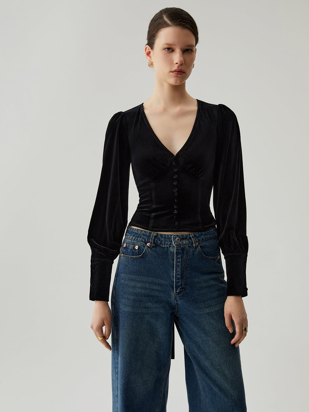 Velvet Buttoned V-Neck Long Sleeve Short Top