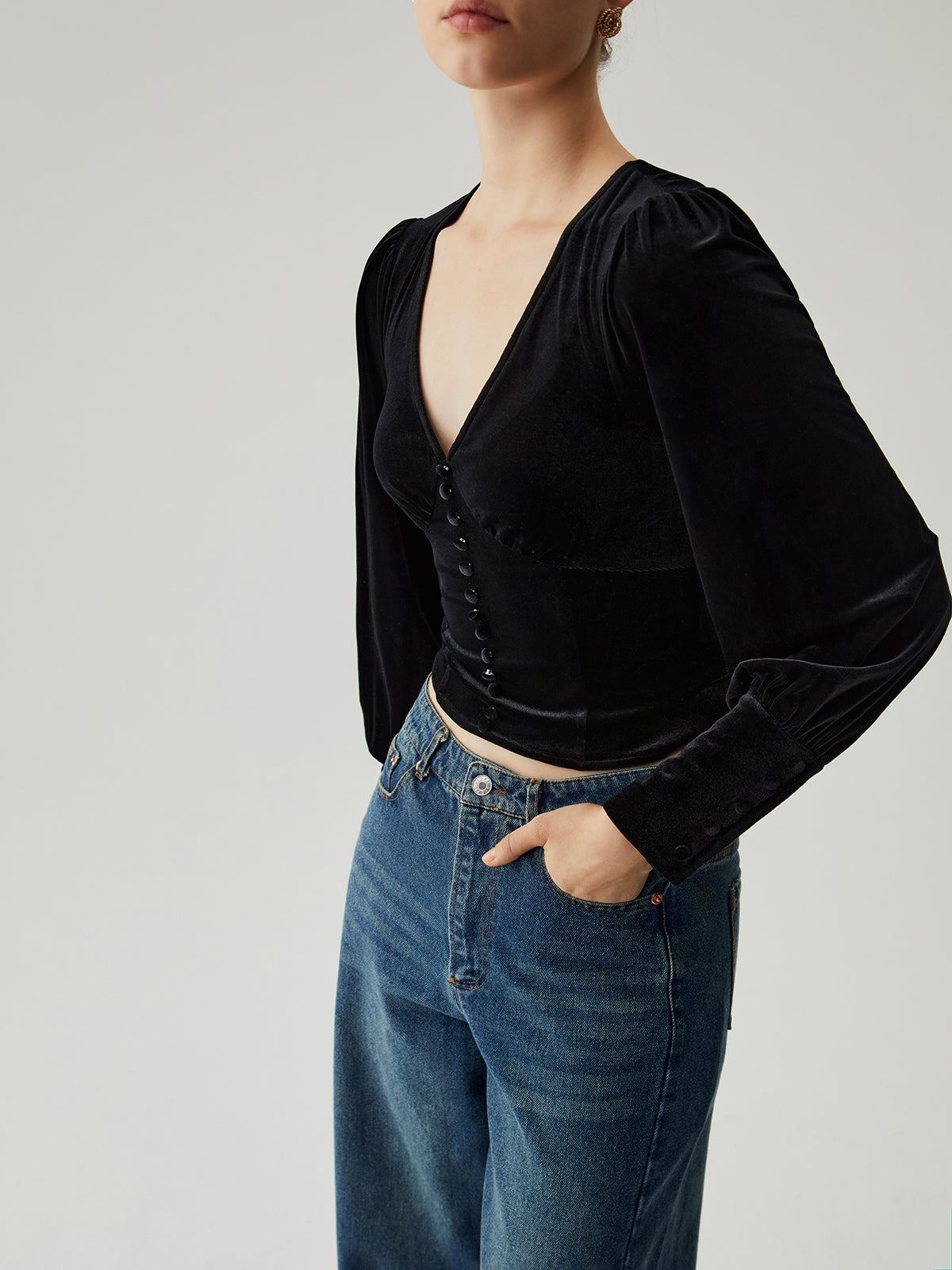 Velvet Buttoned V-Neck Long Sleeve Short Top