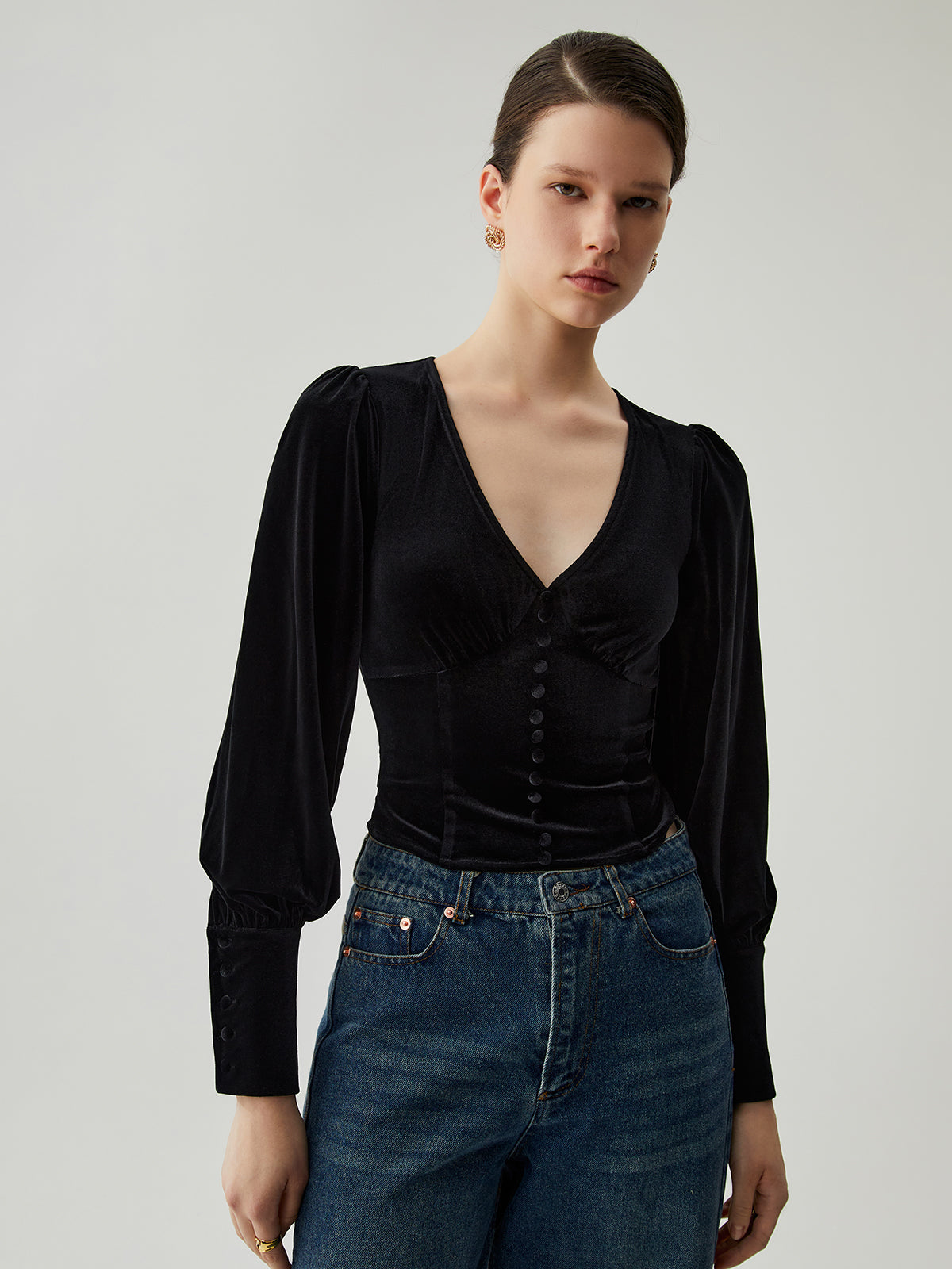 Velvet Buttoned V-Neck Long Sleeve Short Top