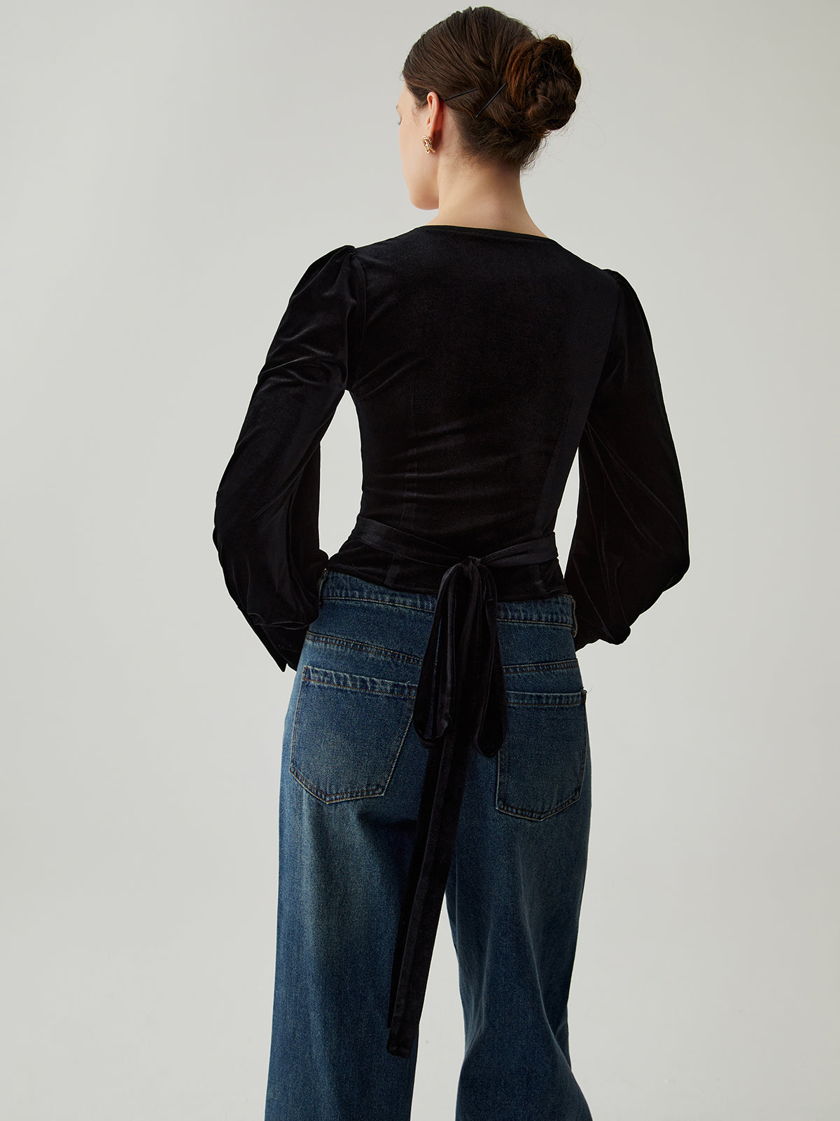 Velvet Buttoned V-Neck Long Sleeve Short Top