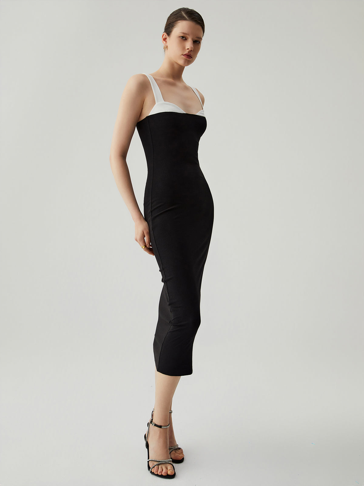 Bodycon Yamalı Kalp Yaka Kamisole Midi Elbise