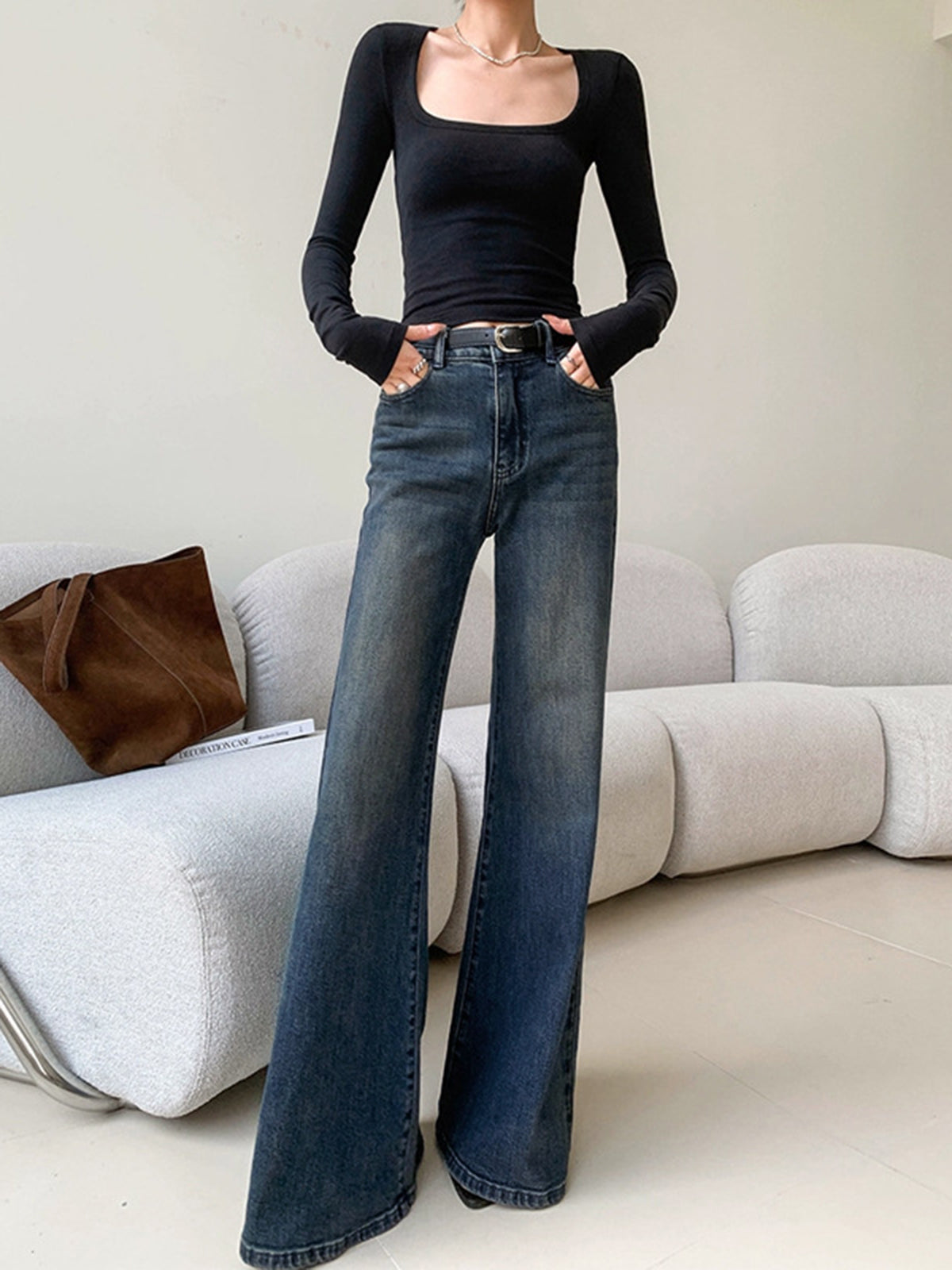 Eski Stil Düşük Bel Yıkanmış Geniş Paça Kot Pantolon