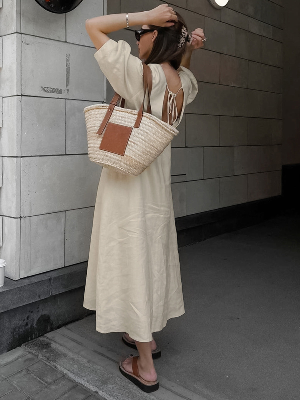 Cotton and Linen Button Front Tie Long Dress