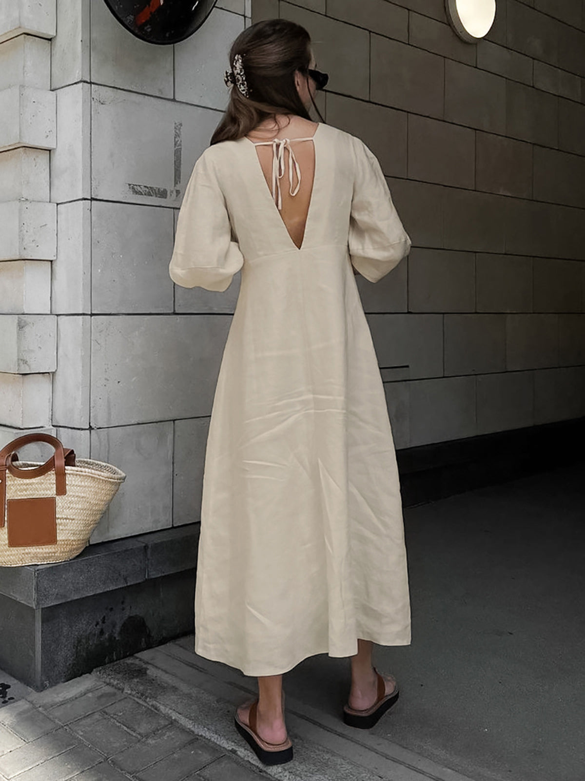 Cotton and Linen Button Front Tie Long Dress