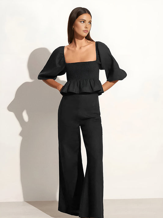 Pamuk ve Keten Kare Yaka Biskop Kol Pantolon Seti