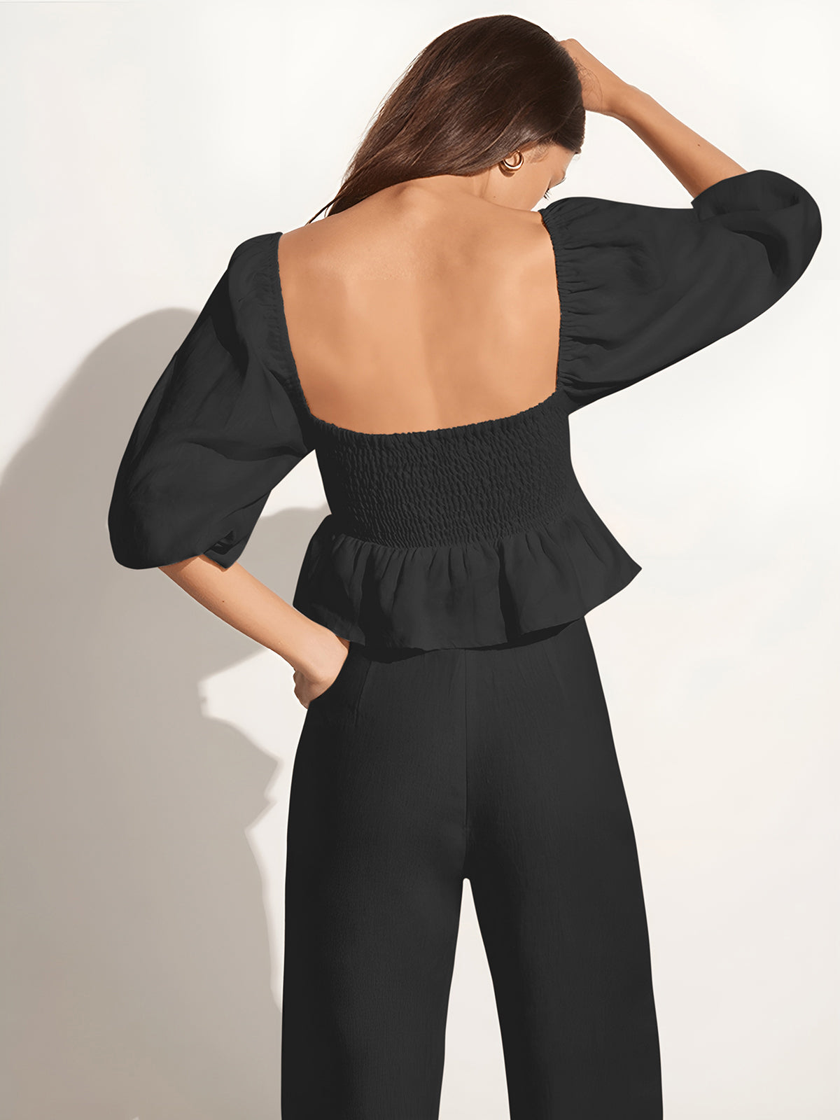 Pamuk ve Keten Kare Yaka Biskop Kol Pantolon Seti