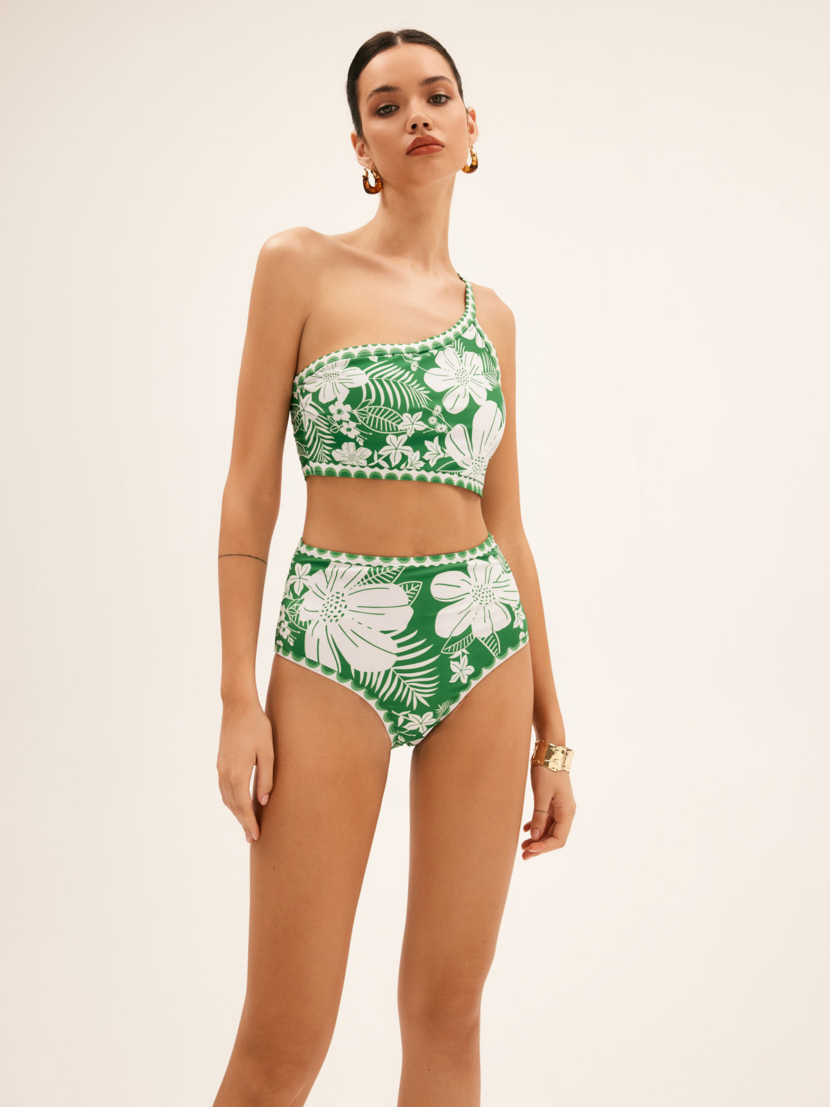 Tek Omuzlu Çiçek Desenli Bikini Seti