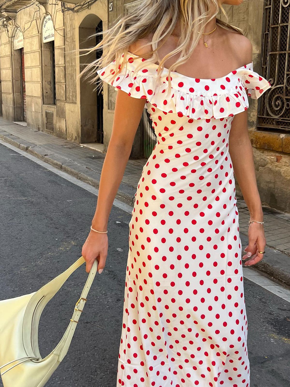 Tatlı Polka Nokta Fırfırlı Kenar Off-Shoulder Uzun Elbise