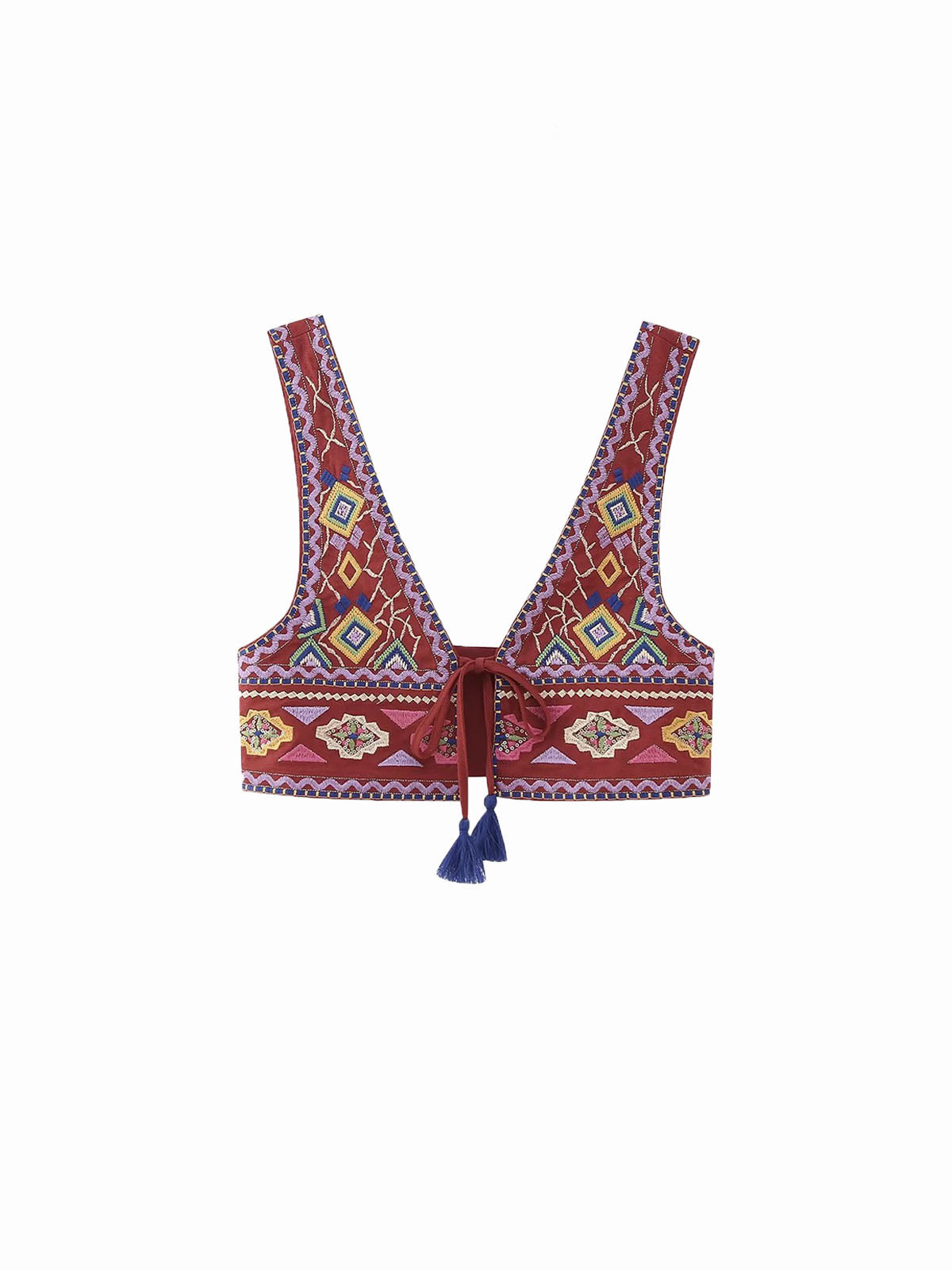 Boho Nakışlı Düğüm Detaylı Kısa Fantezi Bluz