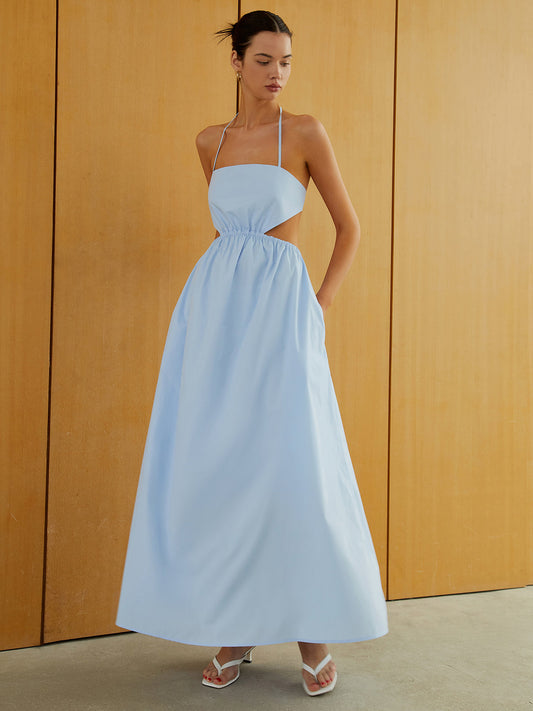 Halter Elastik Bel Kesik Uzun Cep Elbisesi