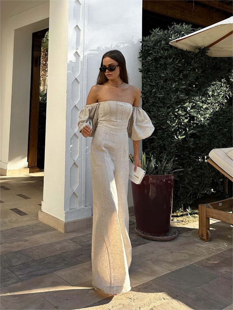 Keten Karışımlı Puff Kol Tulum