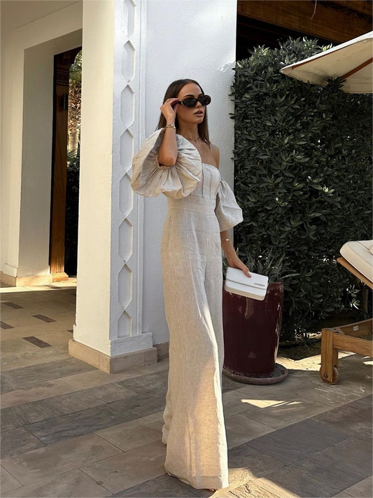 Keten Karışımlı Puff Kol Tulum