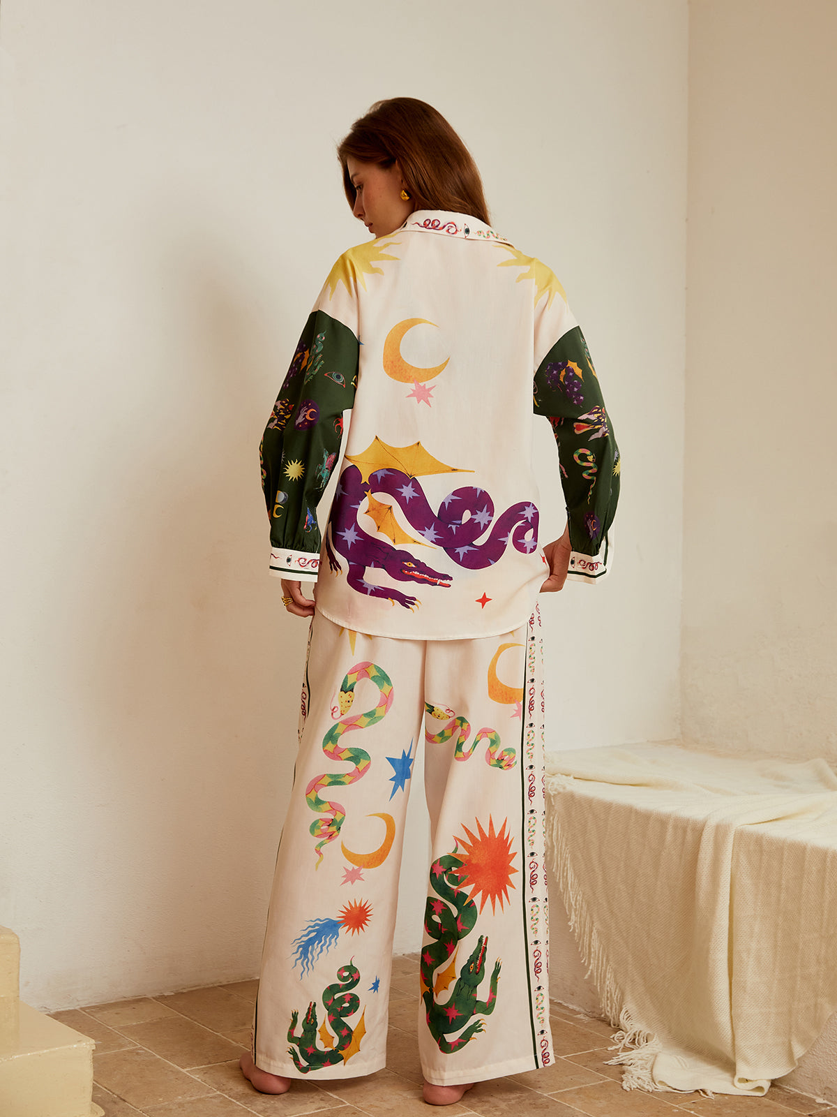 Boho Desenli Geniş Paça Pantolon Takımı ile Rahat Gömlek