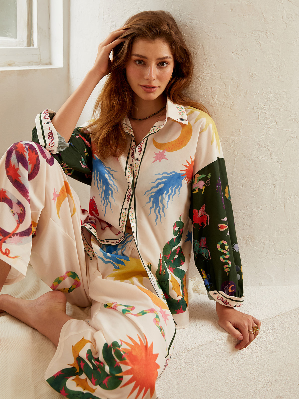 Boho Desenli Geniş Paça Pantolon Takımı ile Rahat Gömlek