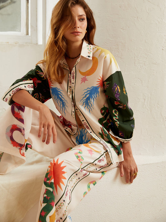 Boho Desenli Geniş Paça Pantolon Takımı ile Rahat Gömlek