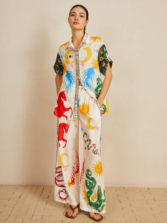 Rahat Kesim Keten Karışımı Desenli Pantolon Takımı