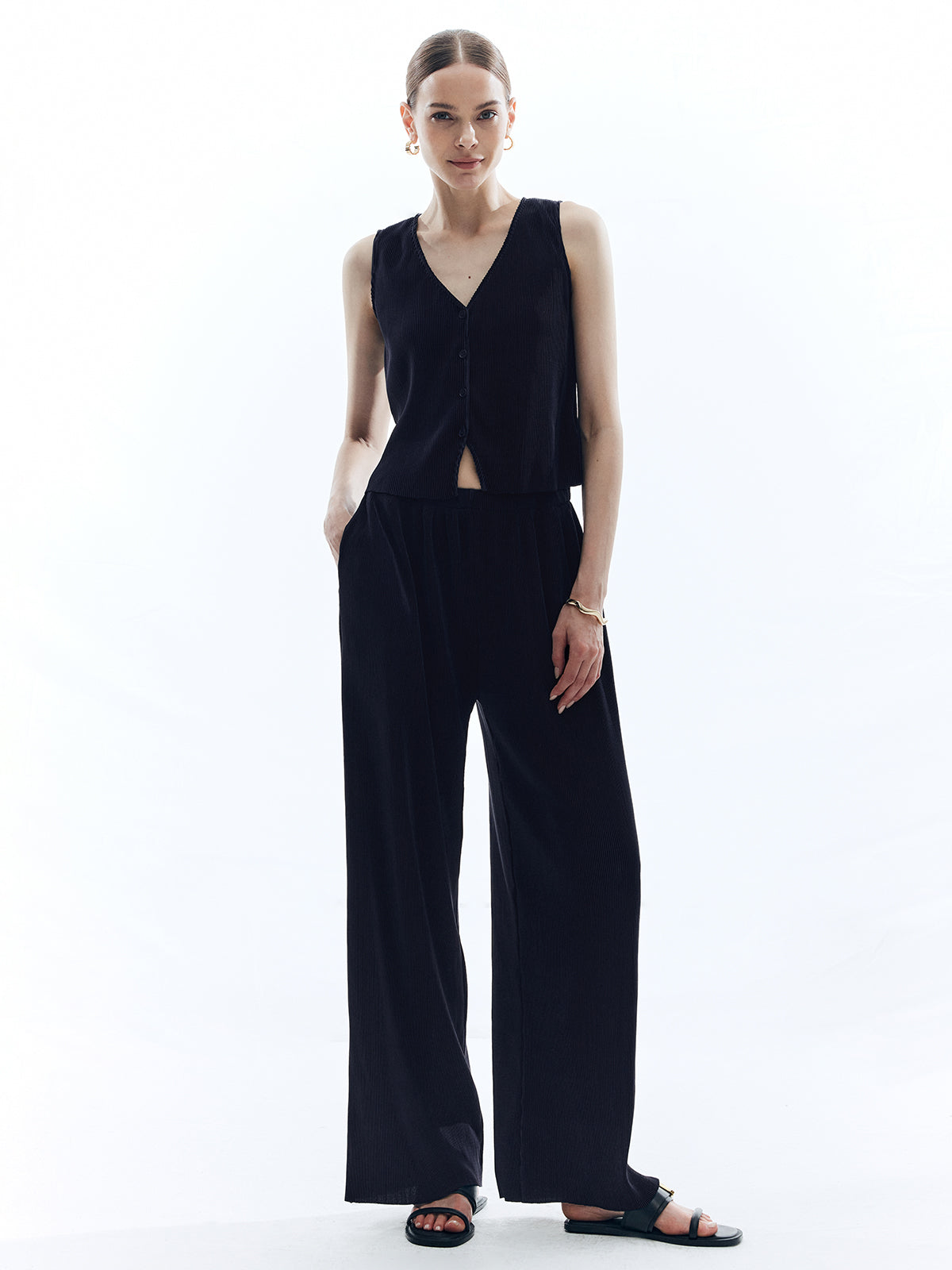 Saten Düz V-Yaka Pantolon Seti