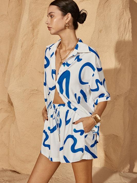 Baskılı Drawstring Shift Şort Takımı