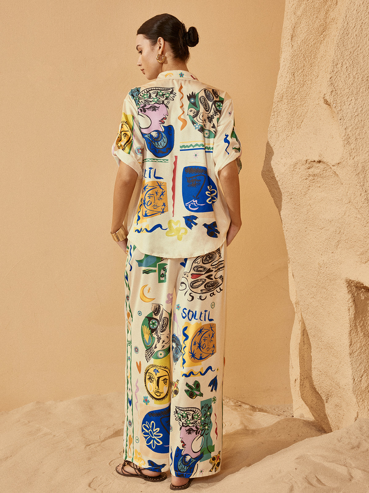 Saten Grafiti Kolları Düşük Pantolon Takımı