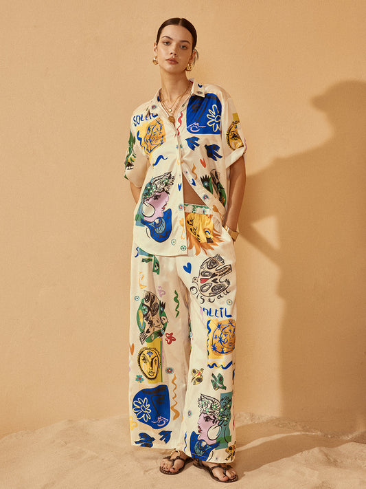 Saten Grafiti Kolları Düşük Pantolon Takımı