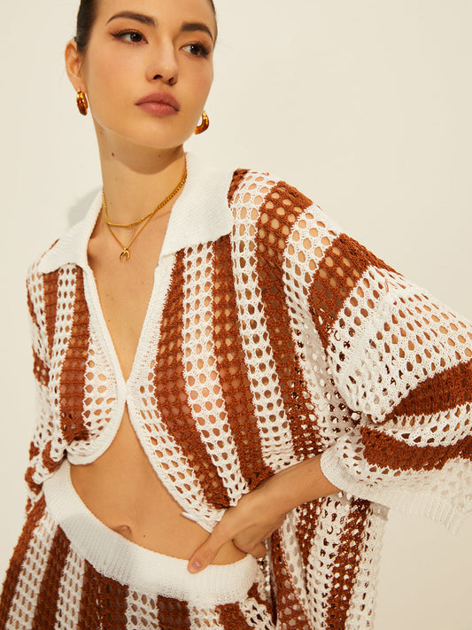 Şeffaf Çizgili Polo Örgü Pantolon Seti