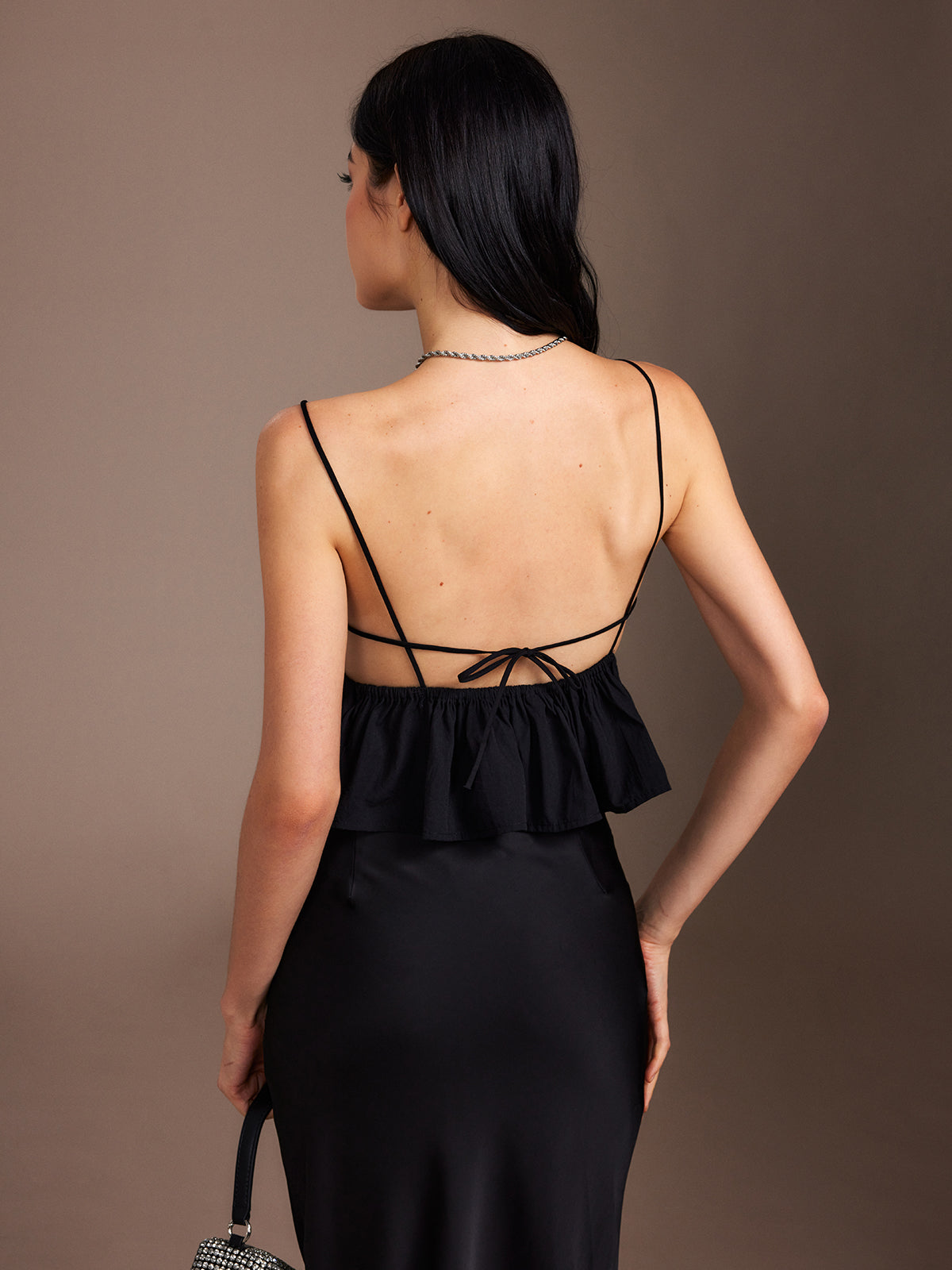 Çiçek Desenli Sırt Açık Ruffle Cami Üst
