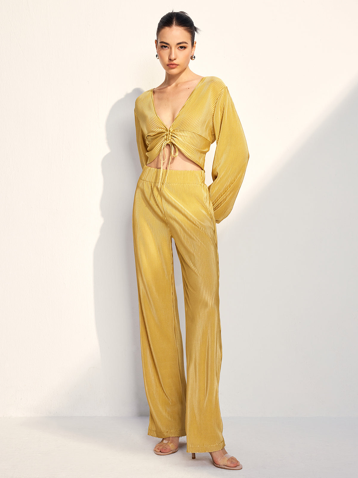 Ç drawstring Puff Sleeve Pantolon Takımı