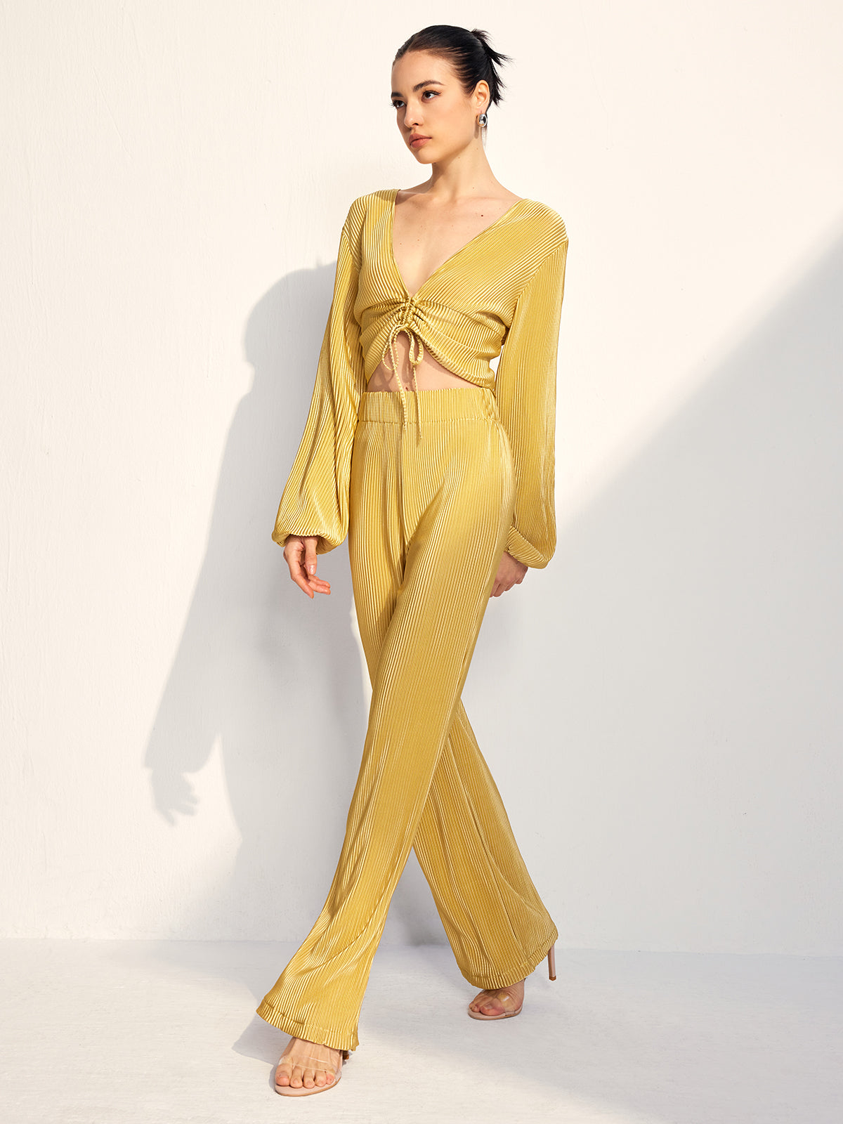Ç drawstring Puff Sleeve Pantolon Takımı