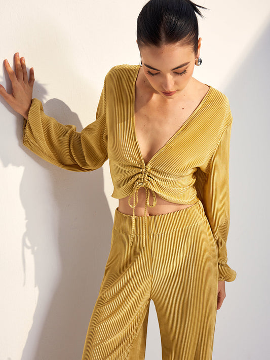 Ç drawstring Puff Sleeve Pantolon Takımı