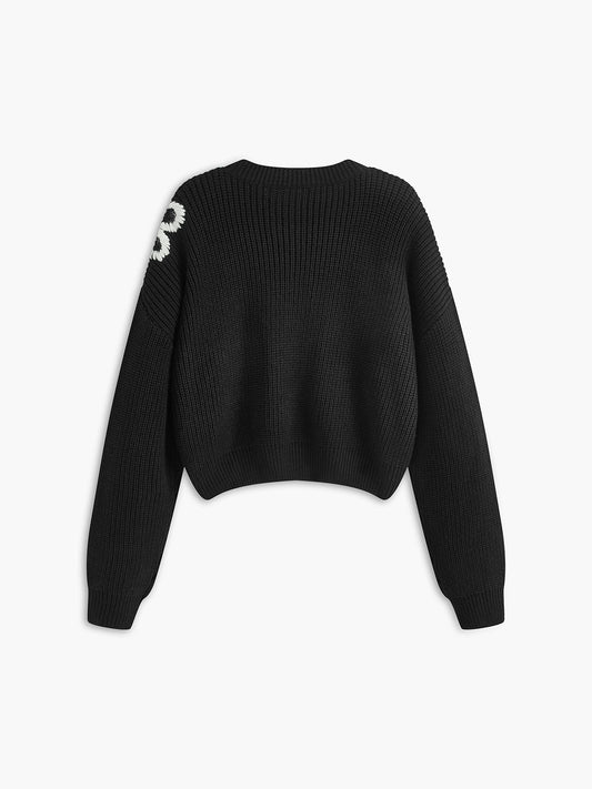 Yuvarlak Yaka Ribanalı Çiçekli Triko Üst