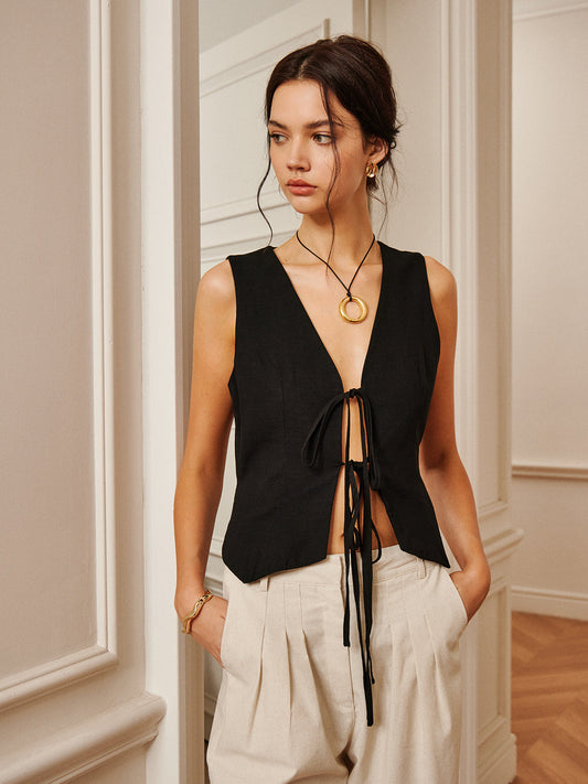 Pamuk ve Keten Bağlama Detaylı Yelek