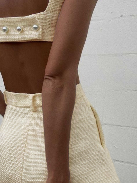 Tweed Sırtı Açık Düz Şort Takımı