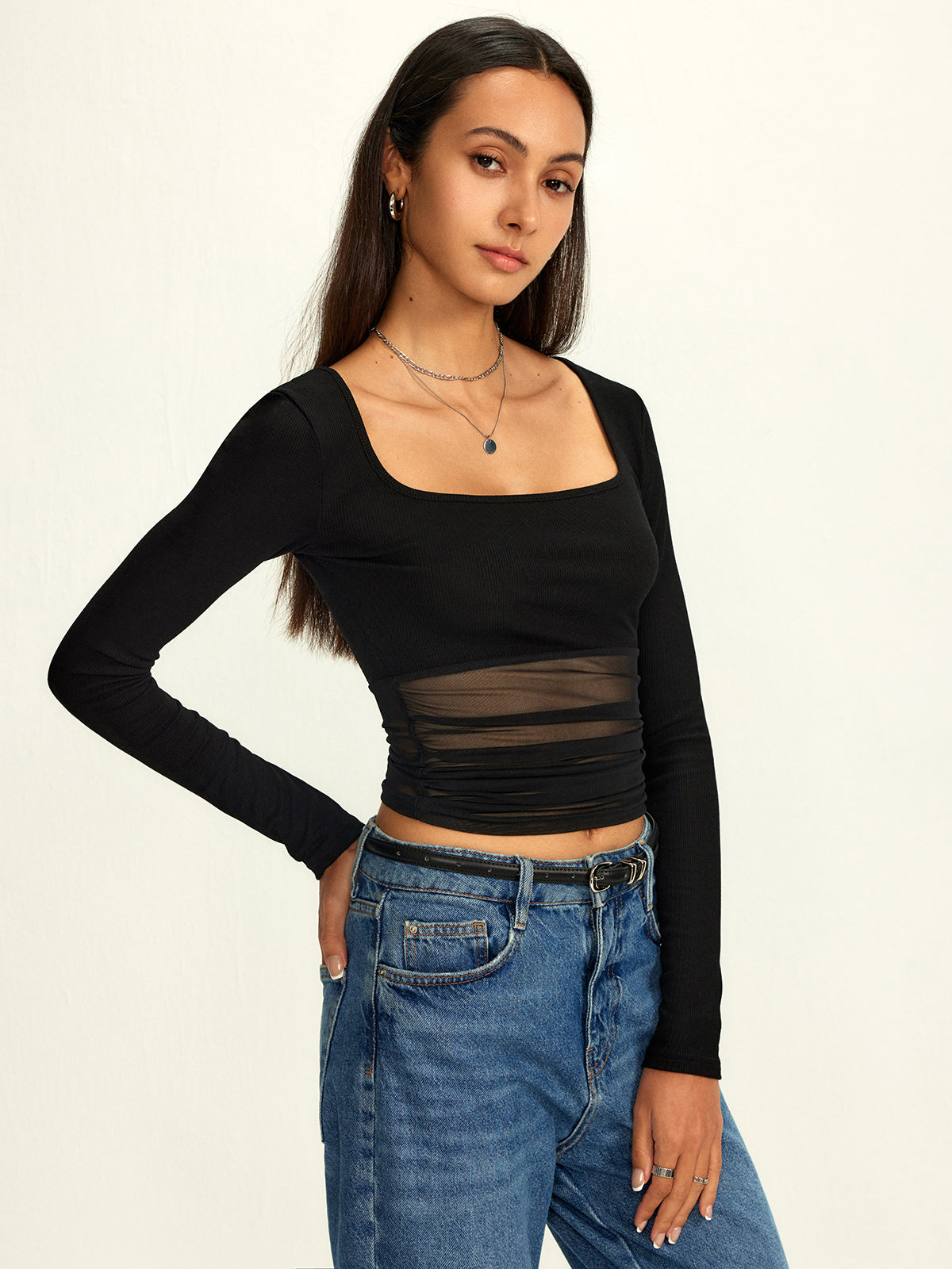 Ağ Mesh Kare Yaka Yarı Şeffaf T-Shirt