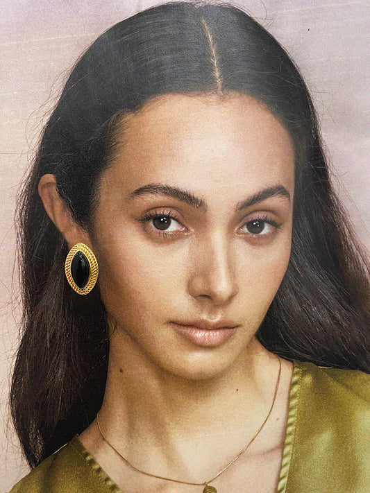 Altın Disc Siyah Oniks Küpeler