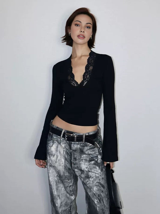 Lace Appliqué V-Neck T-Shirt