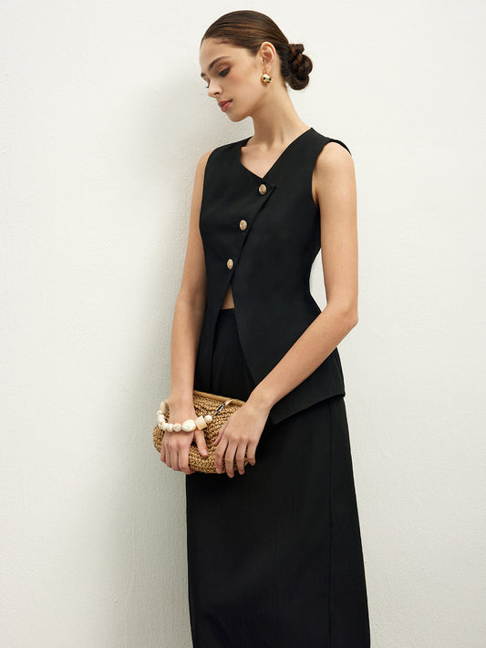 Asimetrik Düğmeli Üst A Kesim Etek Seti