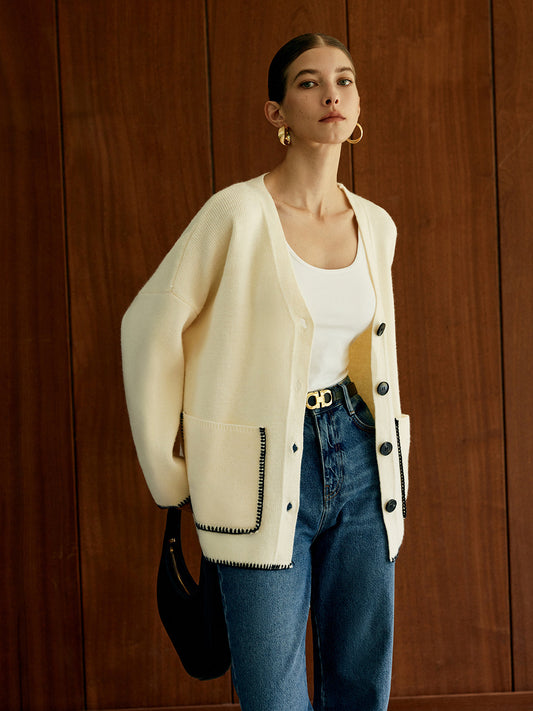 Kontrast Kesim Cep Kardiğan