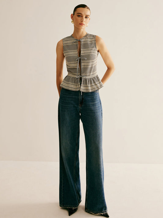 Kareli Kravat Ön Ruffle Tank Top