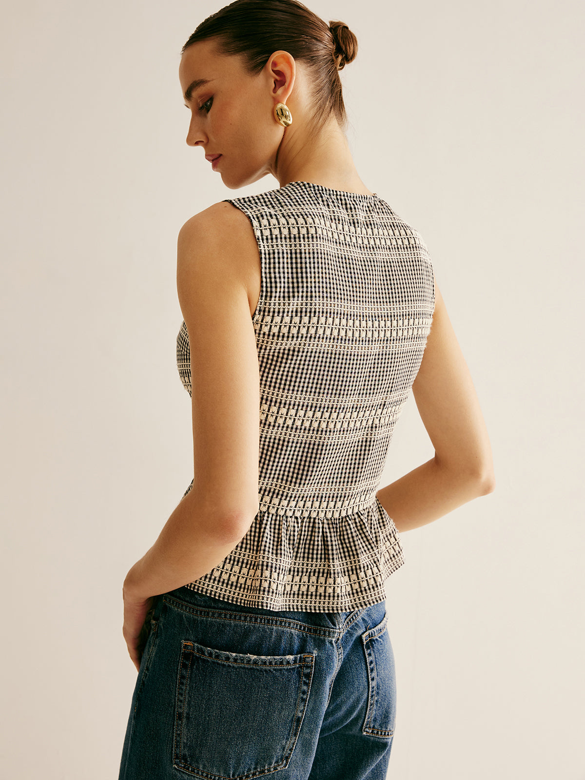 Kareli Kravat Ön Ruffle Tank Top