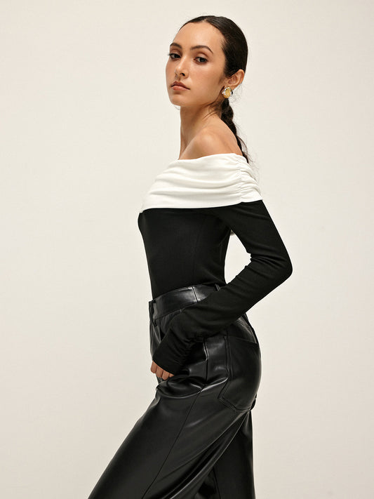 Soğuk Omuz Parçalı Fırfırlı Tişört