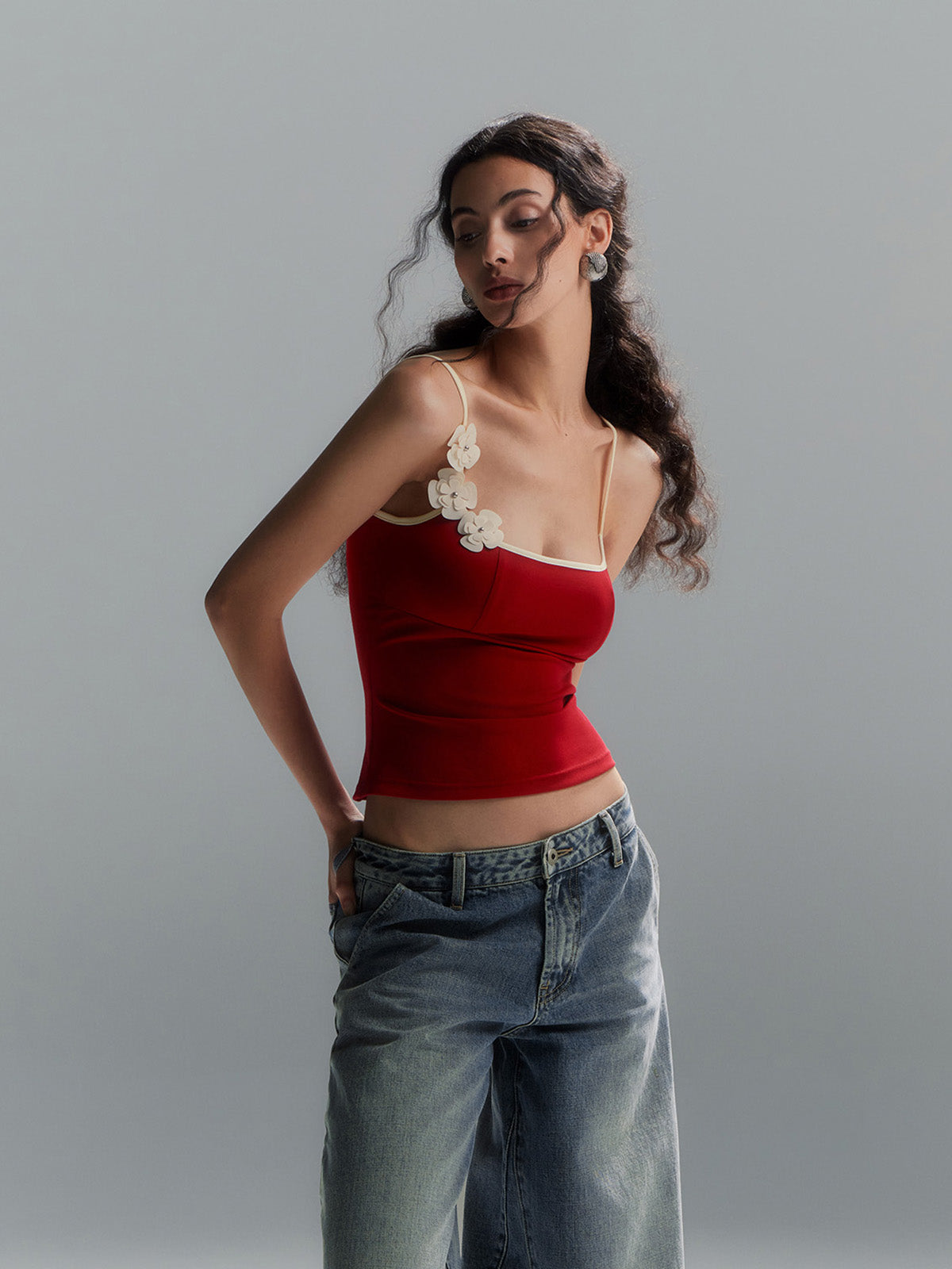 Çiçek Desenli Kontrast Kenar Bodycon Atlet Üst