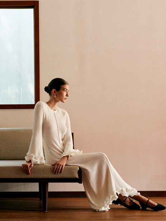 Yarı Şeffaf Piping Volanlı Bağcıklı Triko Elbise