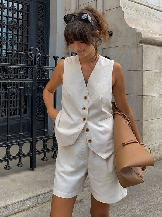 Pamuk ve Keten Cepli Şort Takımı