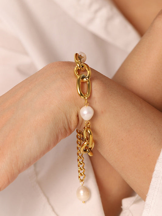 Oval İnci Altın Zincir Bilezik