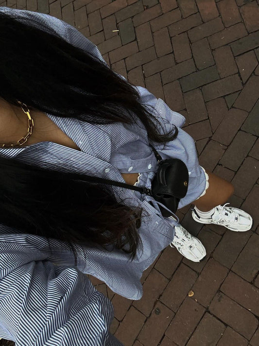 Aşırı Boyutlu Şerit Desenli Uzun Kollu Kısa Set