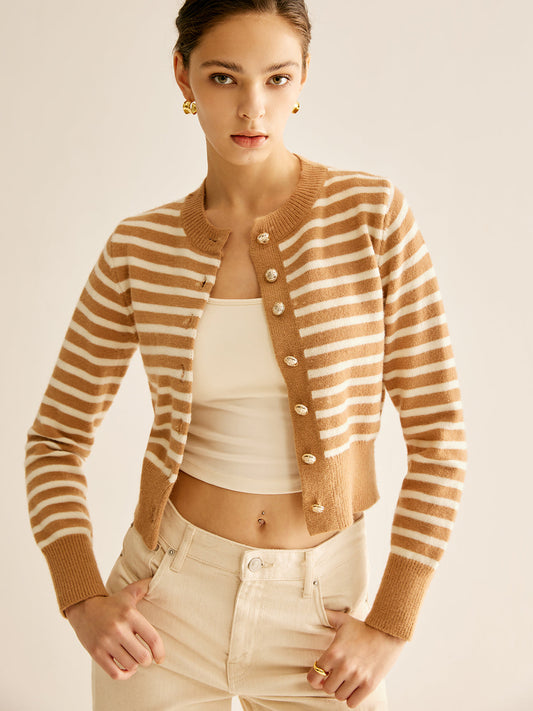 Yarım Yuvarlak Yaka Çizgili Hırka