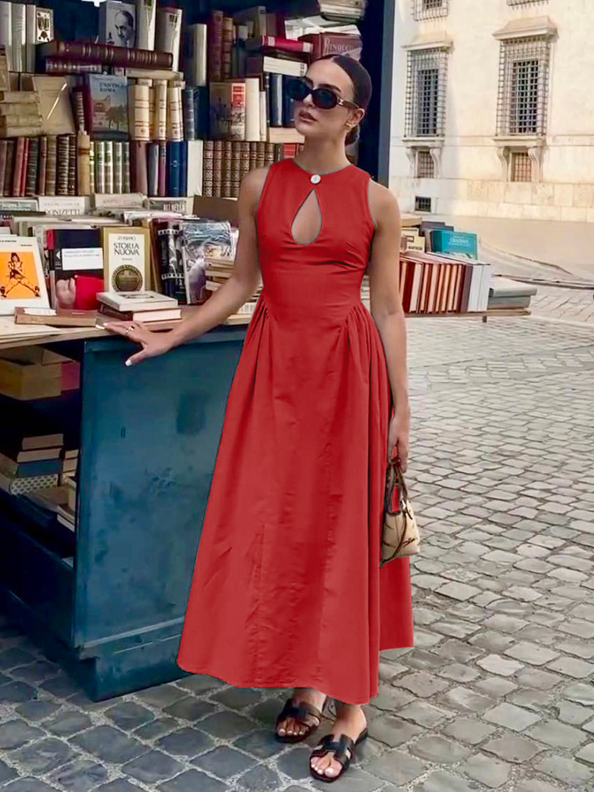 Pamuk ve Keten Plise Kesimli Açık Elbise