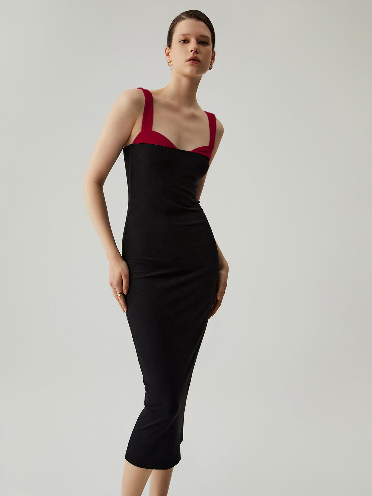 Bodycon Yamalı Kalp Yaka Kamisole Midi Elbise