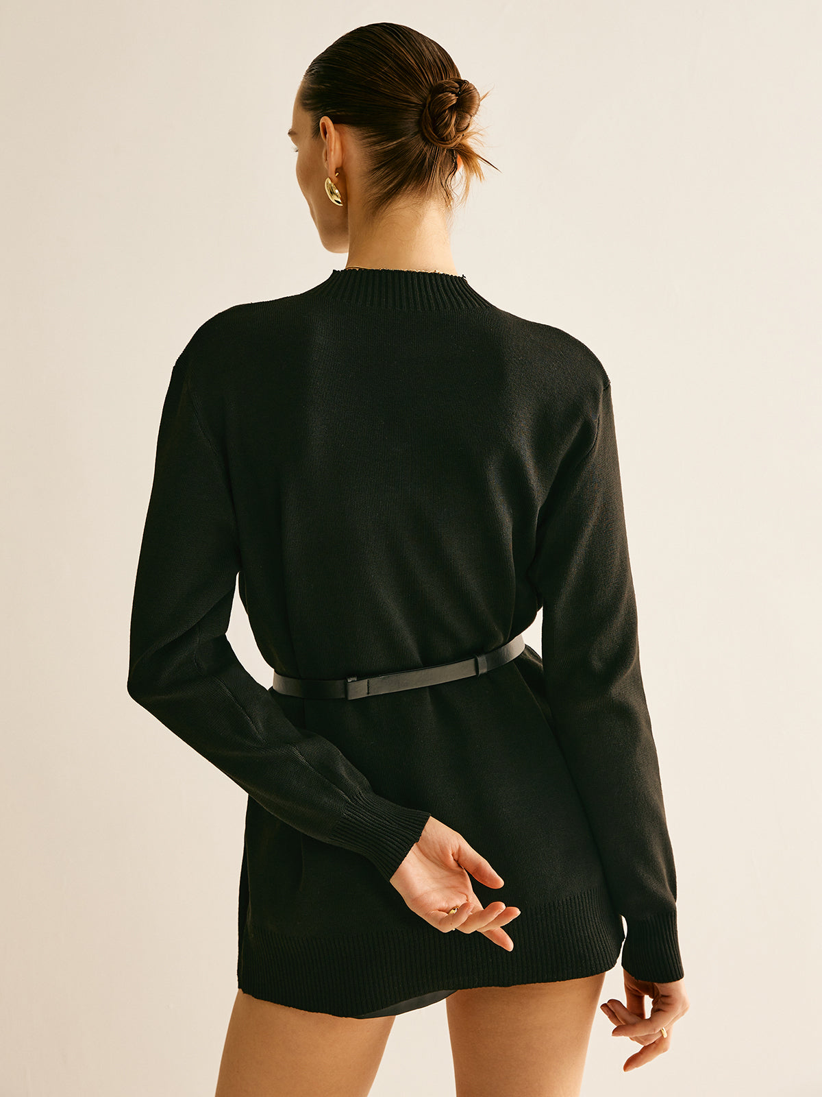 Düz Mock Neck Çok Amaçlı Kemerli Kazak